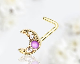 20G Gold Pink Opal Crescent Moon L Shape Nose Stud