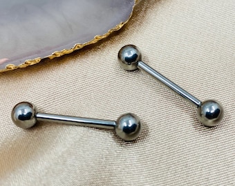 Pair of 14G Internally Threaded Implant Grade Titanium Plain Silver 12mm & 16mm Nipple Barbells. Nipple Rings. Nipple Jewelry.