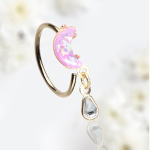 20G Gold Pink Moon Nose Ring Hoop, Opal Moon & Dangle Gem Decor Nose Piercing Hoop Ring, Nose Piercing Jewelry