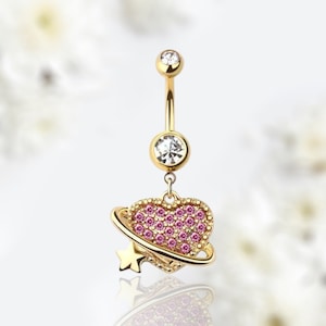 Gold Pink Heart Belly Ring, Sparkle Pink gem Decor Dangle Heart Star Belly Ring Piercing Jewelry, Navel Piercing Barbell