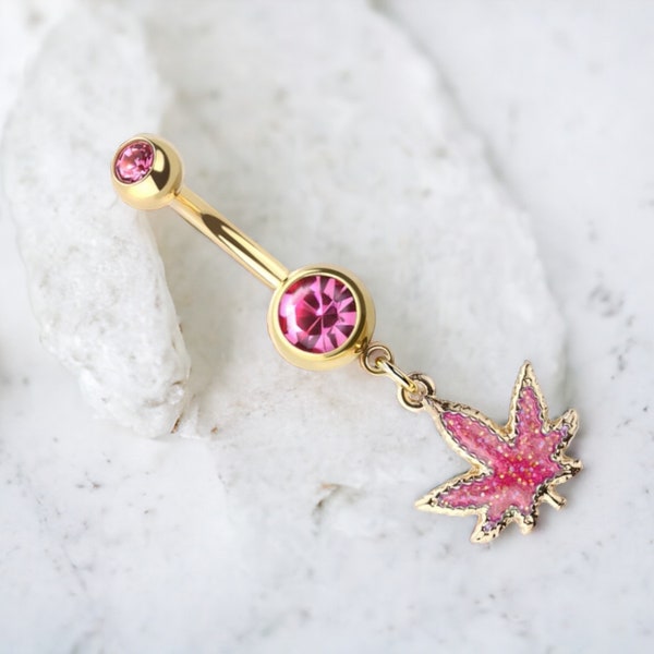 Gold Marijuana Belly Ring, Pot Leaf Theme Decor Pink Glitter Gold Belly Ring Piercing Jewelry, Navel Piercing Ring