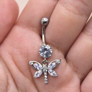 Dragonfly Belly Ring, Sparkle Gem Dragonfly Dangle Belly Button Ring Piercing Jewelry, Navel Piercing Body Jewelry