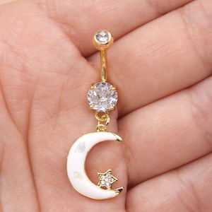 Sleeping Moon Belly Ring, Moon & Star Decor Dangling Gold Belly Button Ring Piercing Jewelry, White Moon Belly Ring Body Piercing Navel Ring