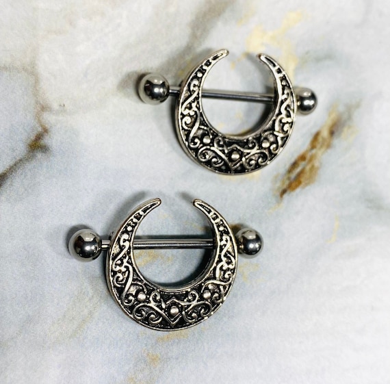 Pair of 14G Antique Silver Crescent Filigree Nipple Shields. Nipple Piercings. Nipple Rings. Nipple Barbells. Nipple Jewelry Etsy