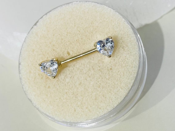Pair of 10K Solid Gold Clear Gem Hearts Nipple Barbells. Nipple