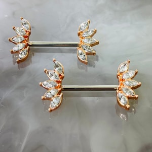 Set of 14G Rose Gold Accent Sparkling Clear Marquise Crystals Ends Nipple Barbells. Nipple Rings. Nipple Piercings. Nipple Jewelry.