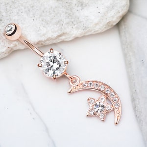 Rose Gold Moon Belly Ring, Sparkle Moon & Star Decor Dangle Belly Piercing Ring Jewelry, Navel Piercing Ring
