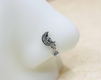 20G Halbmond baumeln Edelstein L Form Nase Piercing Bolzen, zierliche Juwel baumeln schlafende Mond L biegen Nasenring Bolzen, Nase Piercing Schmuck