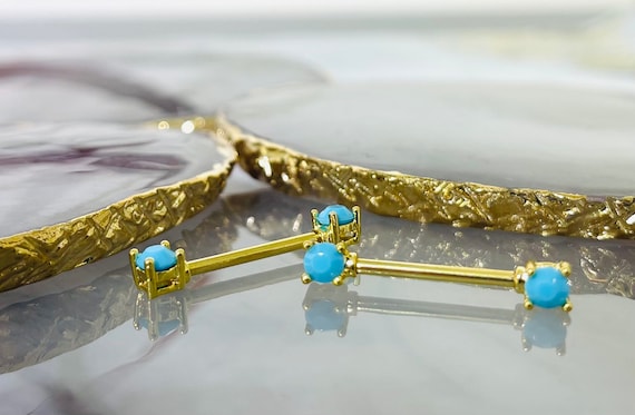 Pair of 14G Gold Turquoise Nipple Barbell. Nipple Rings. Nipple