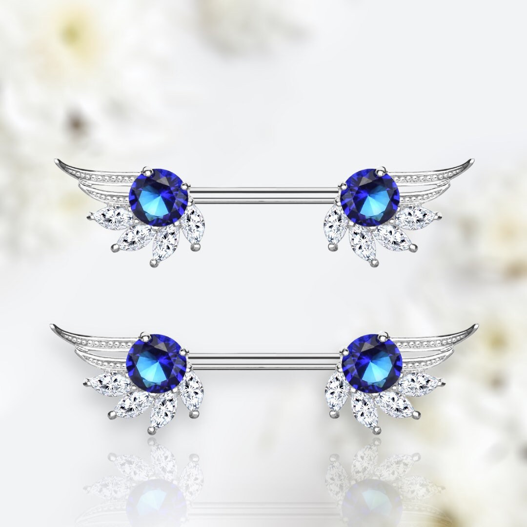 Angel Wings Nipple Ring, Sparkle Sapphire Blue Gem Angel Wing