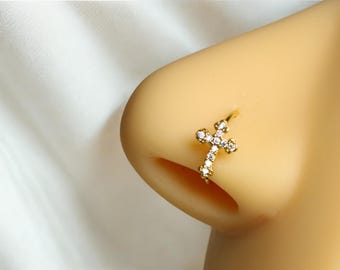 Aro nasal en forma de cruz de circonita cúbica, flexible, de 20 g, dorado