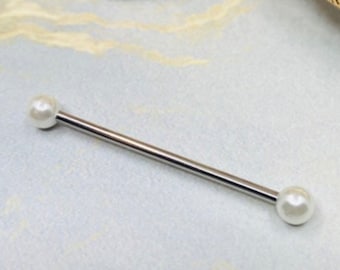 14G Pearl Ends 38MM Industrial Barbell. Ear Piercing. Industrial Piercing.