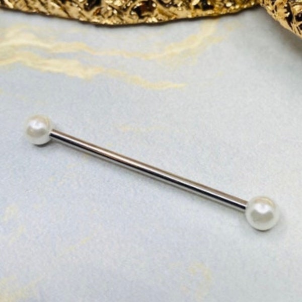 14G Pearl Ends 38MM Industrial Barbell. Ear Piercing. Industrial Piercing.