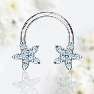16G Teal Blue Flower Ends Horseshoe Hoop Ring Jewelry for Septum, Tragus & Cartilage Piercings
