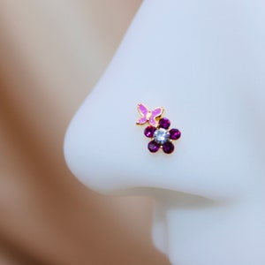 20G Gold Pink Butterfly Flower Nose Stud. Nose Piercing. Nose Jewelry