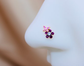 20G Gold Pink Butterfly Flower Nose Stud. Nose Piercing. Nose Jewelry