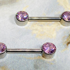 14G Implant Grade Titanium Internally Threaded Bezel Set Pink Gem Nipple Rings Barbells Simple Style Sparkly gem Nipple Piercing Jewelry