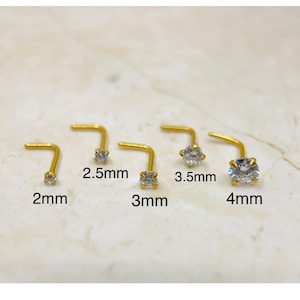20G Gold Gem Top L Shape Nose Piercing Stud, Simple Style Everyday Wear Nose Piercing Stud L Bend, Gold Nose Stud