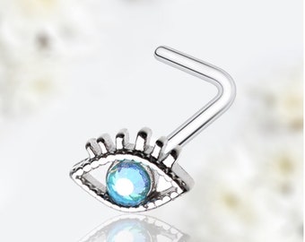 20G Silver Blue Gem Evil Eye L Shape Nose Stud