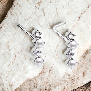 20g Pearl Nose Stud, Zig Zag Design White Pearl and Cz Gem Decor Nose Bone Stud Ball End & L- Shape Bend Nose Piercing Jewelry