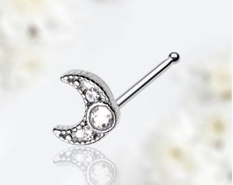 20G Crescent Moon Nose Ring Stud, Sparkle Gem Moon Decor Top Dainty Nose Piercing Jewelry, Nose Bone Stud Ball End