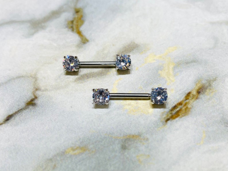 Nipple Jewelry Nipple Piercing Nipple Rings Pair of 14G Silver Prong Set Sparkling 7mm Stone Nipple Barbells
