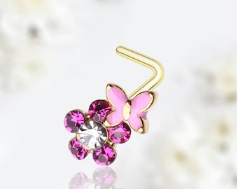 20G Gold Pink Butterfly on Flower L Shape Nose Stud