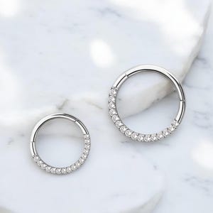 14K White Gold Hoop Ring, Cz Gem Front Hinged Clicker Ring, 16g Nose Septum Piercing Hoop Ring Clicker, Solid White Gold Nose Ring