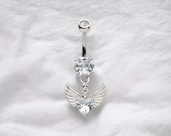 Silver Wings & Heart Belly Button Ring. Navel Ring, Dangling Wings Charm Belly Button Piercing