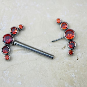 14G Push In Ends Titanium Nipple Barbells, Red Gems Threadless Nipple Rings, Nipple Jewelry, Titanium Body Piercing Jewelry