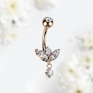 14G Rose Gold Marquise Dangling Belly Button Ring, Floral Decor Sparkle Belly Button Ring Piercing Jewelry