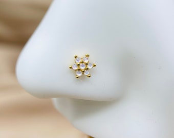 Opal Flower Nose Stud, Sparkle White Opal Floral Decor Dainty Nose Stud Nose Piercing Jewelry Stud Ring