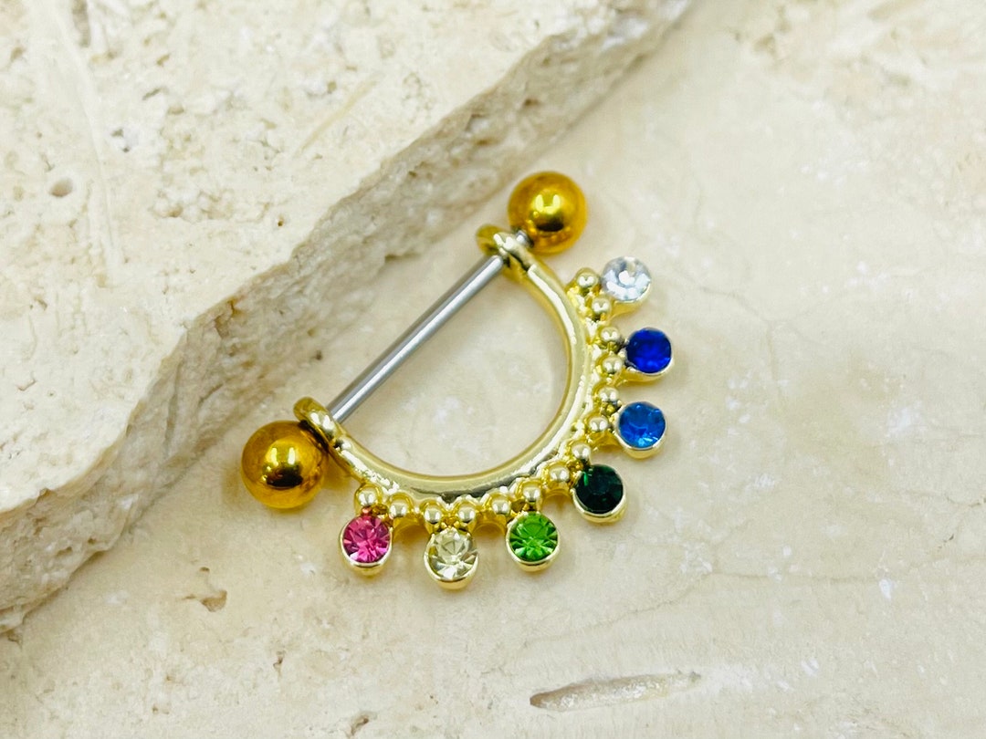 14G Gold Rainbow Nipple Piercing Rings, Beaded Dangle Multicolor Decor