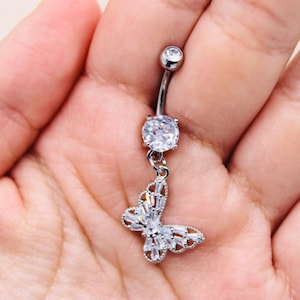 Butterfly Belly Ring Piercing, Sparkle Baguette Gem Decor Belly Button Ring Piercing, 14g Navel Ring Body Piercing Jewelry
