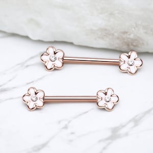 14G Sparkling Rose Gold Plumeria Petal Flower Nipple Piercing Jewelry Barbells