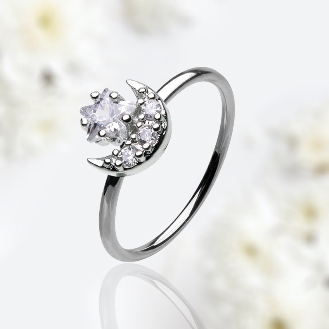 20G Star & Moon Nose Hoop Ring, Cute Little Dainty Sparkle Crescent ...