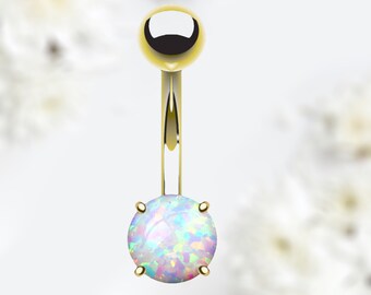 May include: Gold belly button ring with a round iridescent opal gemstone.