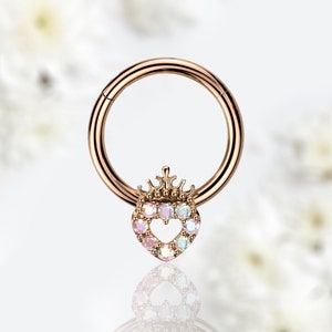 16G Rose Gold Multicolor Stone Heart Crown Top 8mm Seamless Hinged Septum Clicker Ring