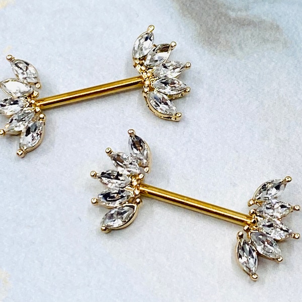 14G Gold Sparkling Marquise Crystals Ends Nipple Barbells. Nipple Rings. Nipple Piercings. Nipple Jewelry.