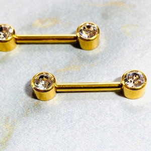 2 pc 14G Gold Push-In Threadless Nipple Barbells Simple Style Bezel Set Flat Back Gold Nipple Rings Nipple Piercing Barbell Jewelry