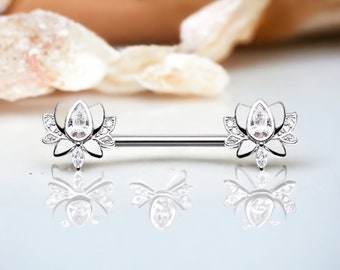 Silver Blooming Lotus Nipple Barbell, Cute Floral Decor Cz Gems Nipple Piercing Jewelry Barbell