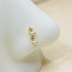 20g Pearl Nose Stud, Cute Design White Pearl Cz Gem Decor Nose Bone Stud, Ball End & L- Shape Bend Gold Nose Piercing Jewelry, Nose Piercing