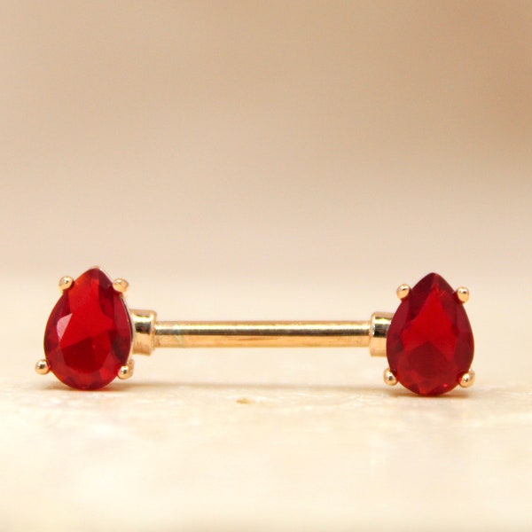 Ein Paar 14G Teardrop Red Gems mit Rose Gold Akzent Nippel Barbells. Nippel Ringe. Brustwarzen-Piercing. Nippel Schmuck. Körperschmuck