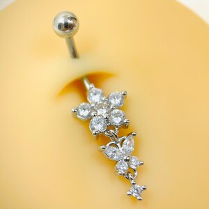 Butterfly Dangling Belly Ring, Sparkle Floral Decorative Top Belly Button Ring Piercing Jewelry