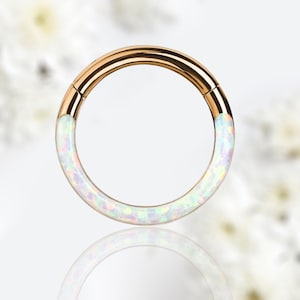 16G Rose Gold White Opal Inlay Septum Piercing Hoop Clicker Ring Elegant Style White Opal Round Septum Piercing Jewelry