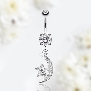 14G Silber Zierlicher Mond & Stern Bauchnabel Ring