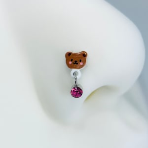 20g 18g Nose Stud ring, Teddy Bear Pink Dangling Gem Nose Stud Ring, Nose Bone Stud, Nose Piercing Jewelry