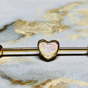 14G White Opal Heart Shape industrial Barbell Piercing. Industrial Bar. Industrial Piercing Jewelry