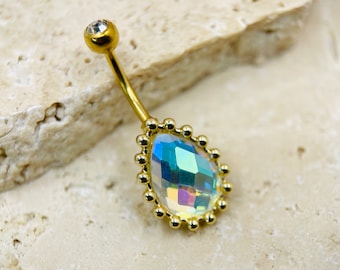 Teardrop Belly Ring, Multicolor Gem Gold Belly Button Ring Piercing Jewelry, 14g Navel Ring, Body Jewelry