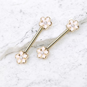 14G Gold Sparkling Plumeria Flowers Nipple Piercing Jewelry Barbells in Gold